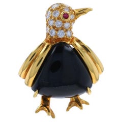 Hammerman Bros Onyx Dia Ruby Vintage Penguin Brooch - Yellow Gold 18k .35ctw Pin