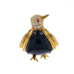 Hammerman Bros Onyx Dia Rubin Vintage Penguin Brosche Gelbgold 18k.54ctw HenPin