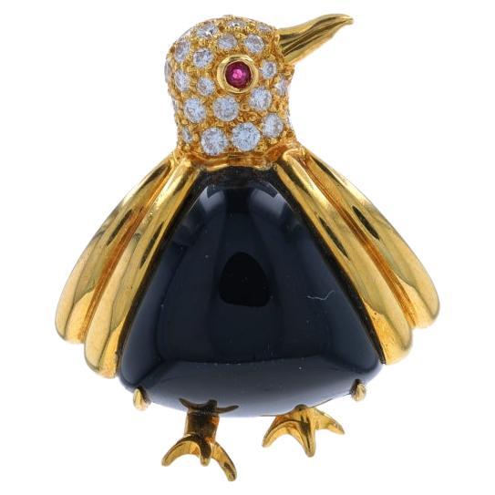 Hammerman Bros Onyx Dia Ruby Vintage Penguin Brooch Yellow Gold 18k.54ctw HenPin