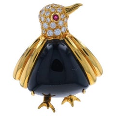 Hammerman Bros Onyx Dia Ruby Vintage Penguin Brooch Yellow Gold 18k.54ctw HenPin