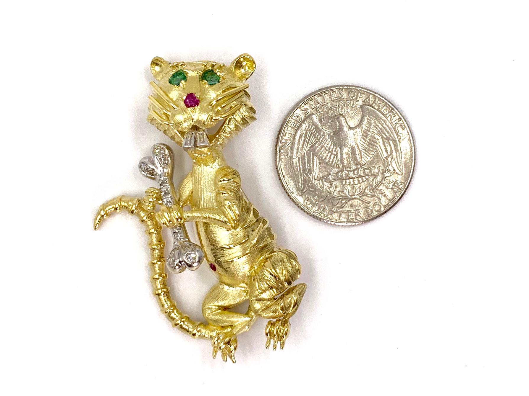 Hammerman Brothers 18 Karat Diamond, Emerald and Ruby Wild Cat Brooch For Sale 4