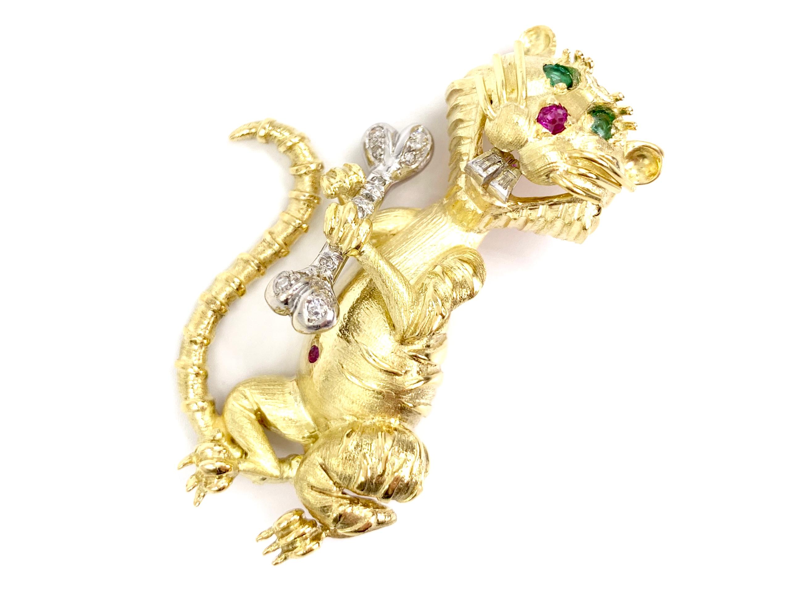 Modern Hammerman Brothers 18 Karat Diamond, Emerald and Ruby Wild Cat Brooch For Sale