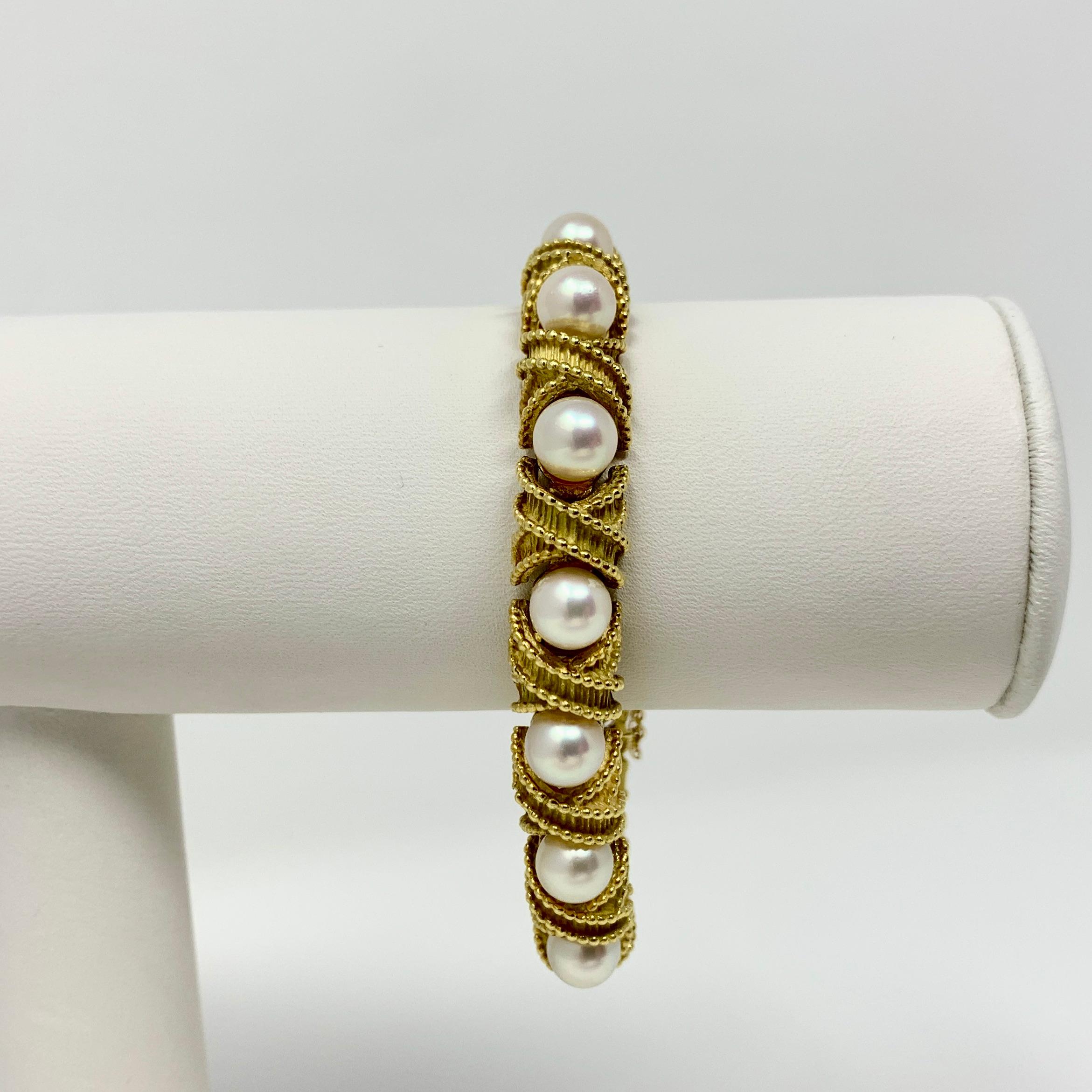 Hammerman Brothers 18k Gold and Pearls Vintage X Link Bracelet 7