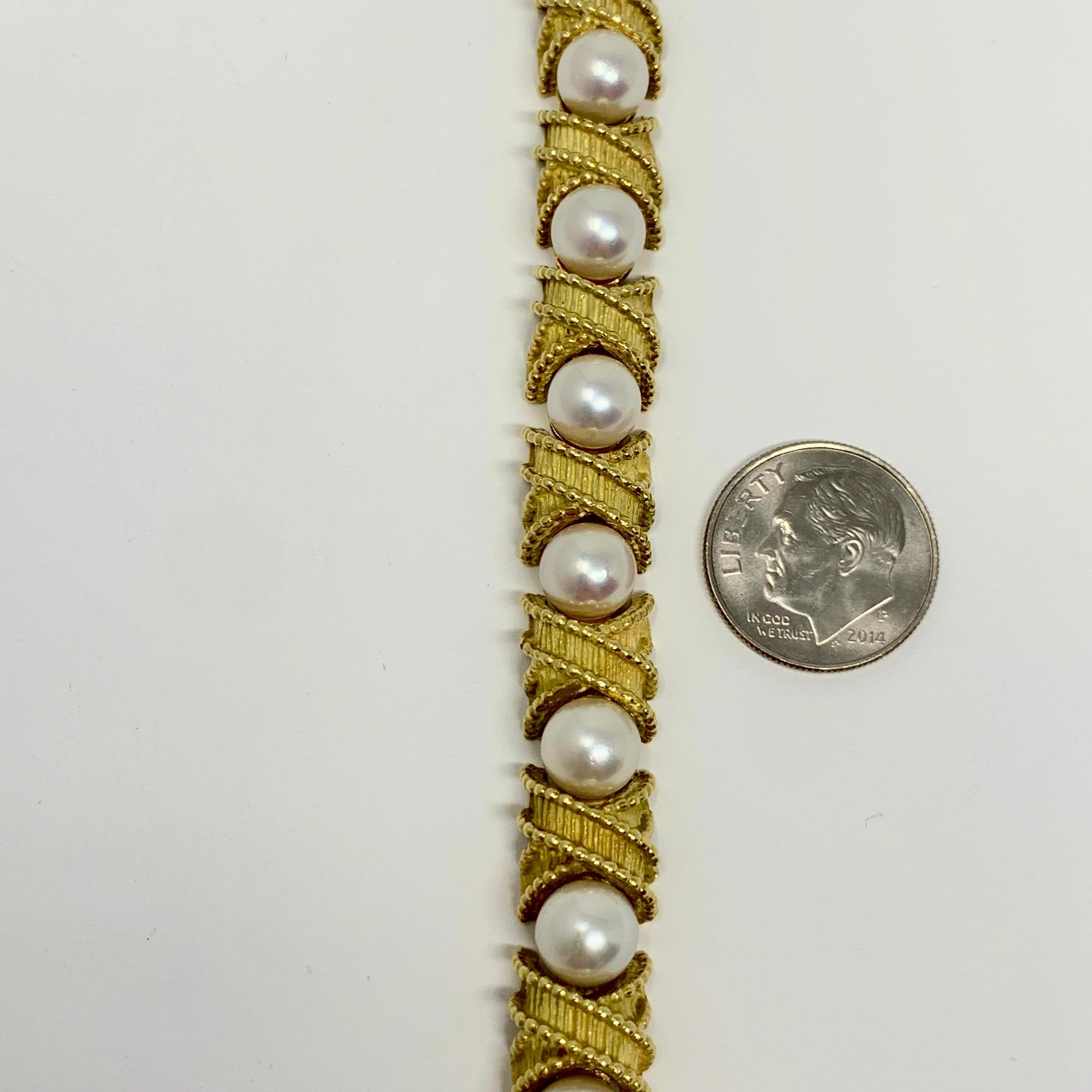 Round Cut Hammerman Brothers 18 Karat Gold Pearl Vintage X Link Bracelet