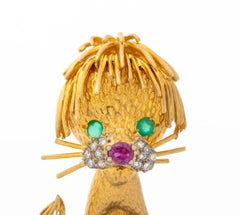 Hammerman Brothers 18K Gold Lion Brooch with Ruby, Emerald, Diamonds