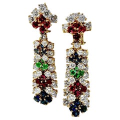 Hammerman Brothers 18K Gold Earrings with Diamonds, Emeralds Rubies & Sapphires