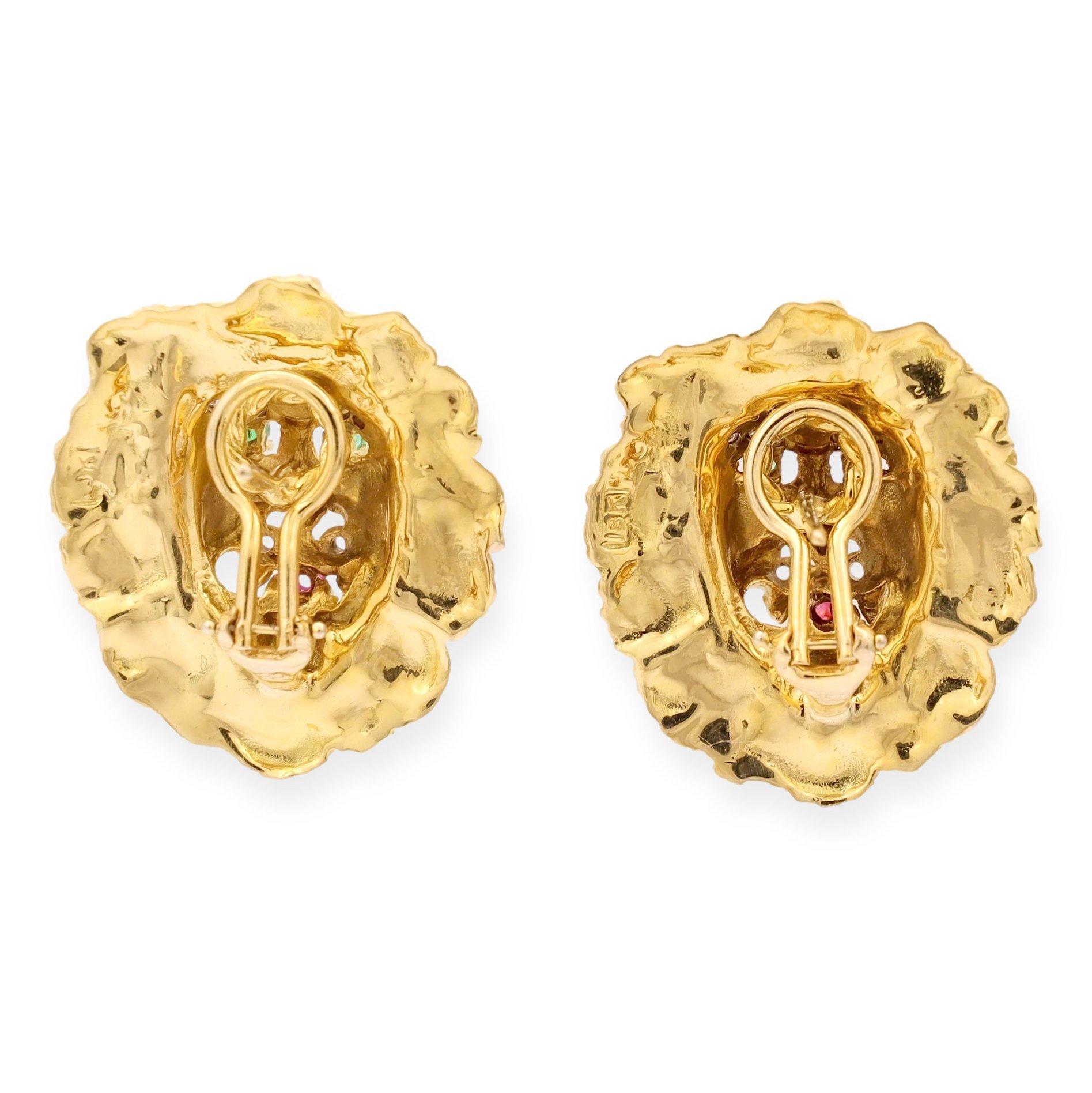 Hammerman Brothers 18K Yellow Diamond Ruby Emerald Gold Lion Earrings In Good Condition In New York, NY