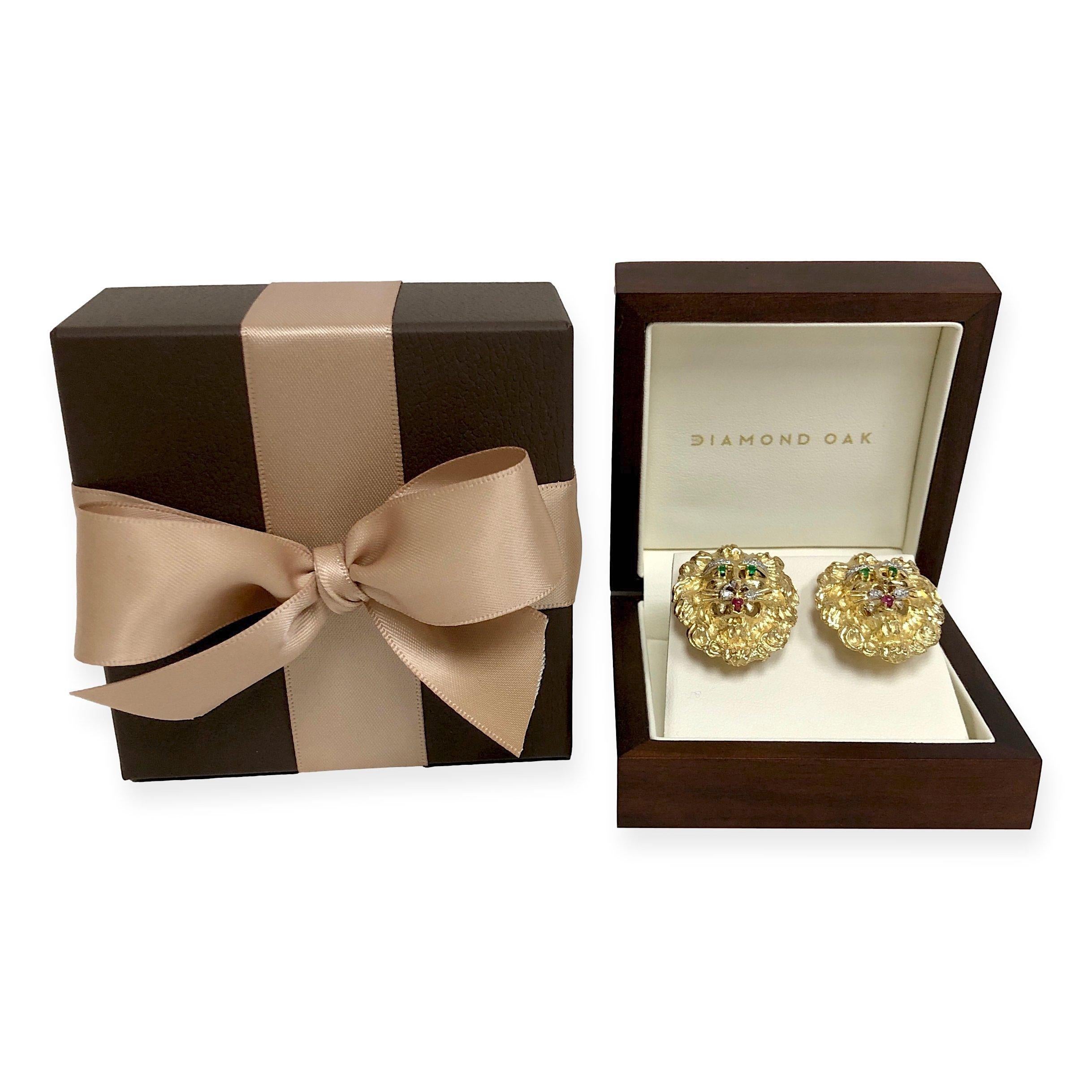 Hammerman Brothers 18K Yellow Diamond Ruby Emerald Gold Lion Earrings 1