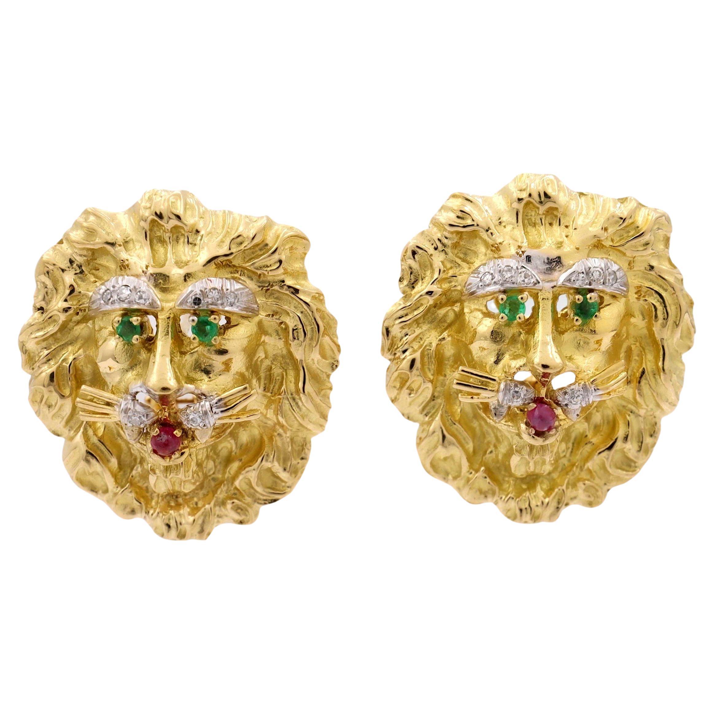 Hammerman Brothers 18K Yellow Diamond Ruby Emerald Gold Lion Earrings
