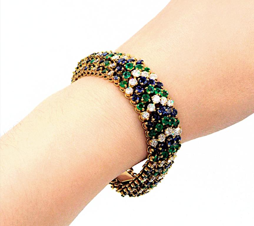 Hammerman Brothers 18K Yellow Gold Diamond Emerald Sapphire Bracelet In Good Condition For Sale In New York, NY