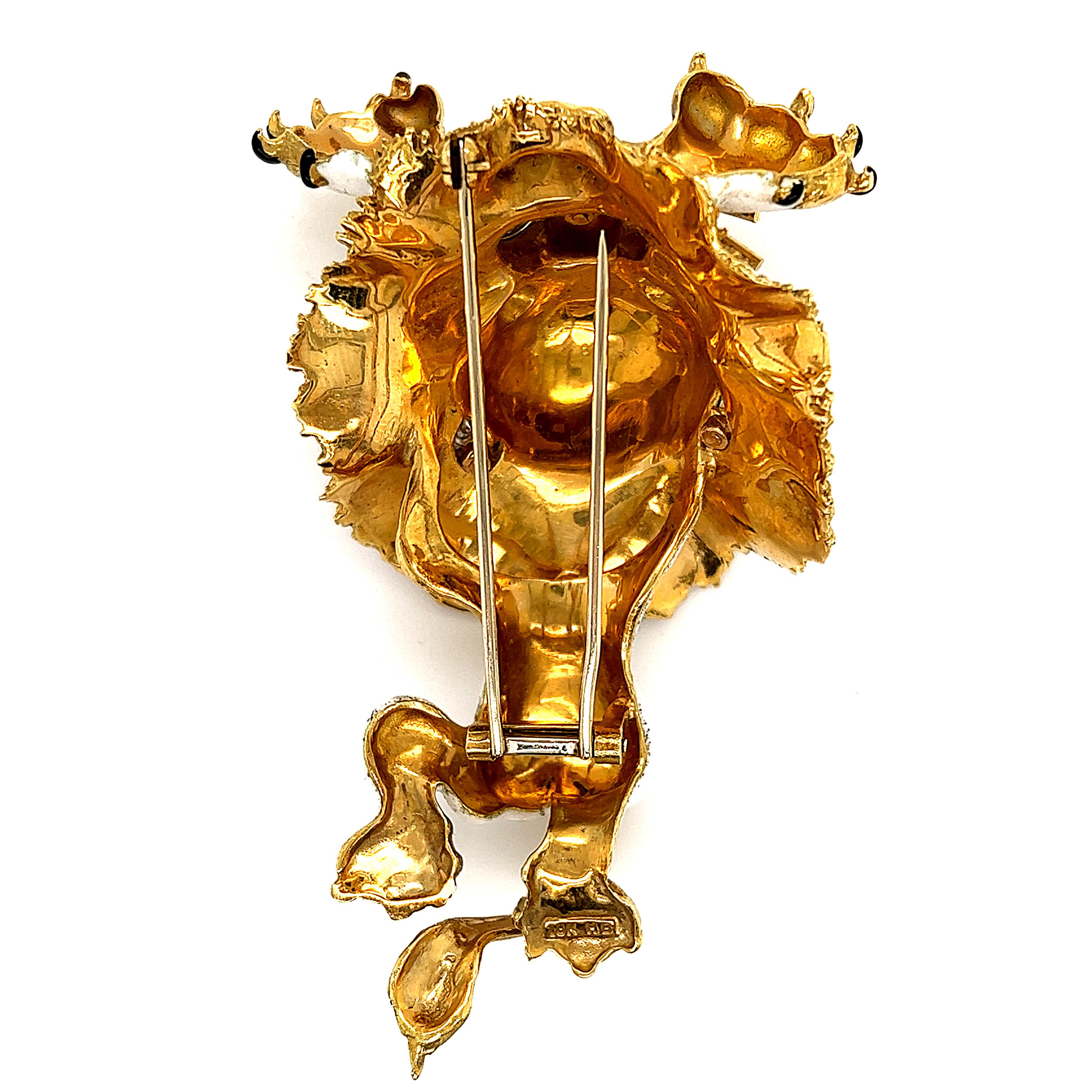 Retro Hammerman Brothers 18k Yellow Gold Enamel and Diamond Lion Brooch