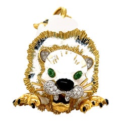 Hammerman Brothers 18k Yellow Gold Enamel and Diamond Lion Brooch