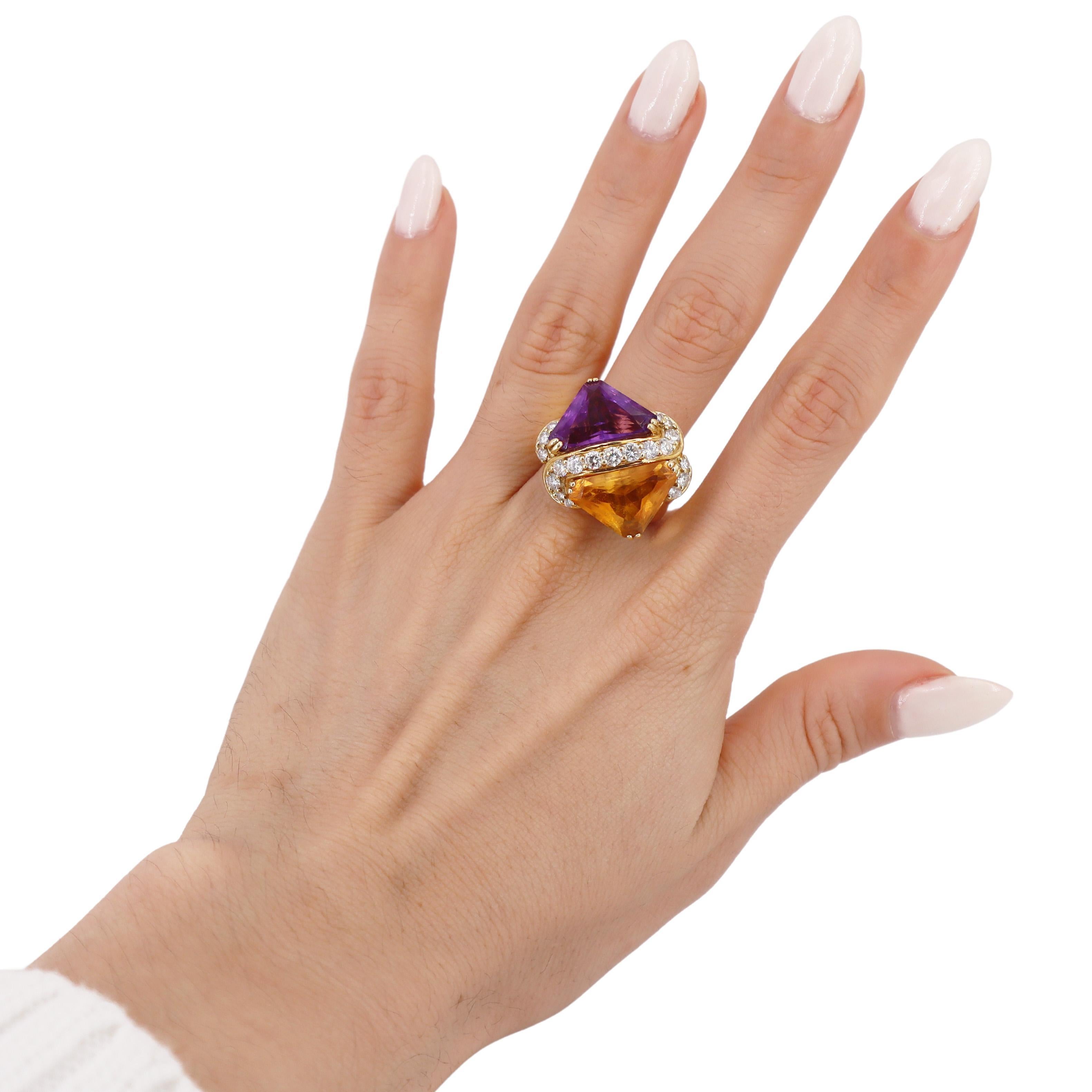 Modernist Hammerman brothers 18kt Gold Ring with Amethyst, Citrine and Diamonds For Sale