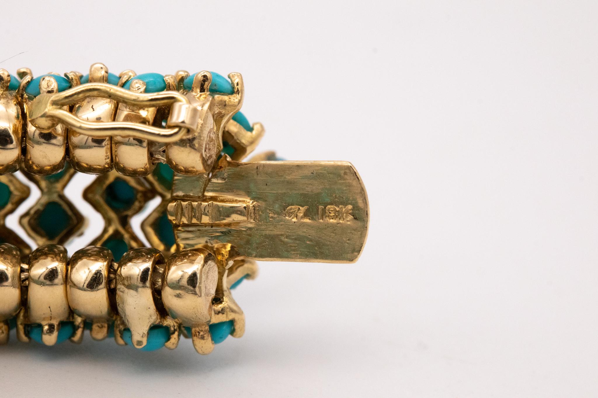 Cabochon Hammerman Brothers 1960 Bracelet in 18Kt Gold with 35.7 Ctw Turquoises Diamonds For Sale