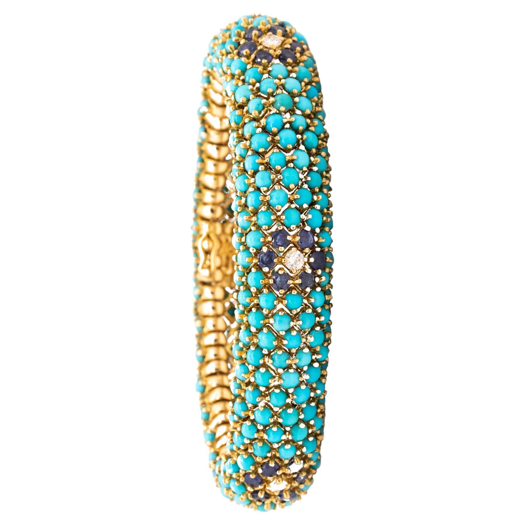 Hammerman Brothers 1960 Bracelet in 18Kt Gold with 35.7 Ctw Turquoises Diamonds