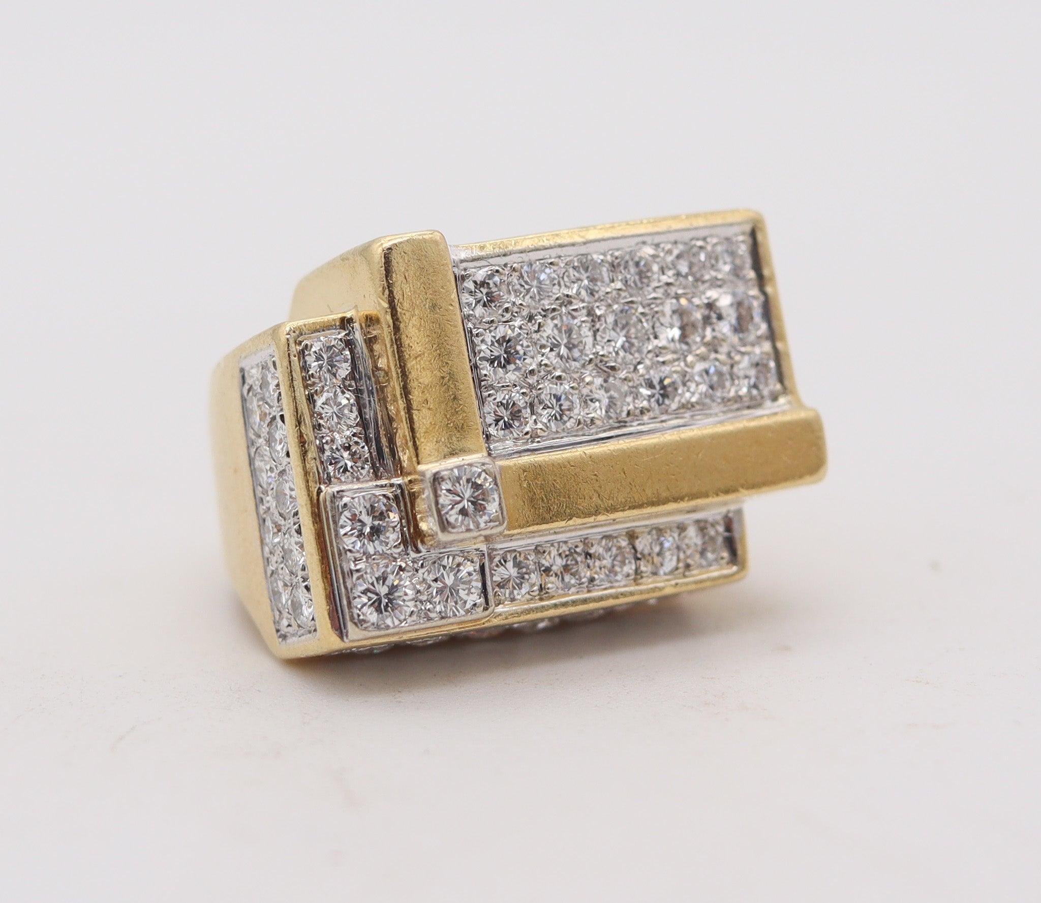 Modernist HAMMERMAN BROTHERS 1970 Geometric Ring 18Kt Gold With 3.54 Ctw Diamonds For Sale