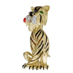 Hammerman Brothers .24 Carat Diamond Enamel Yellow Gold Tiger Brooch