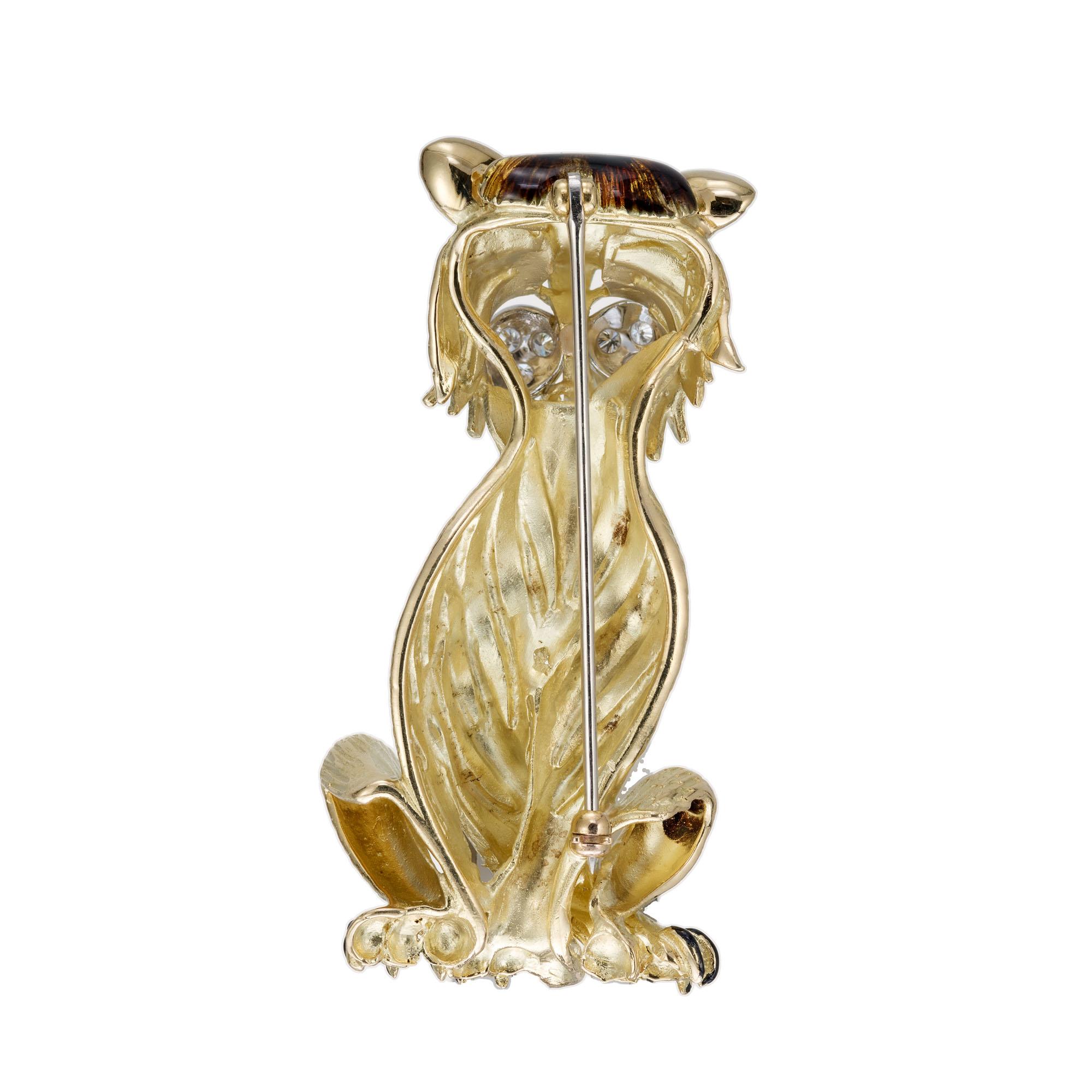 Round Cut Hammerman Brothers .24 Carat Diamond Enamel Yellow Gold Tiger Brooch For Sale