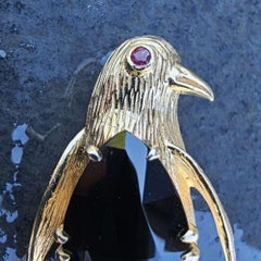 Hammerman Brothers 3d Penguin Brooch Pin Black Onyx Ruby 14k Yellow Gold 1.25"