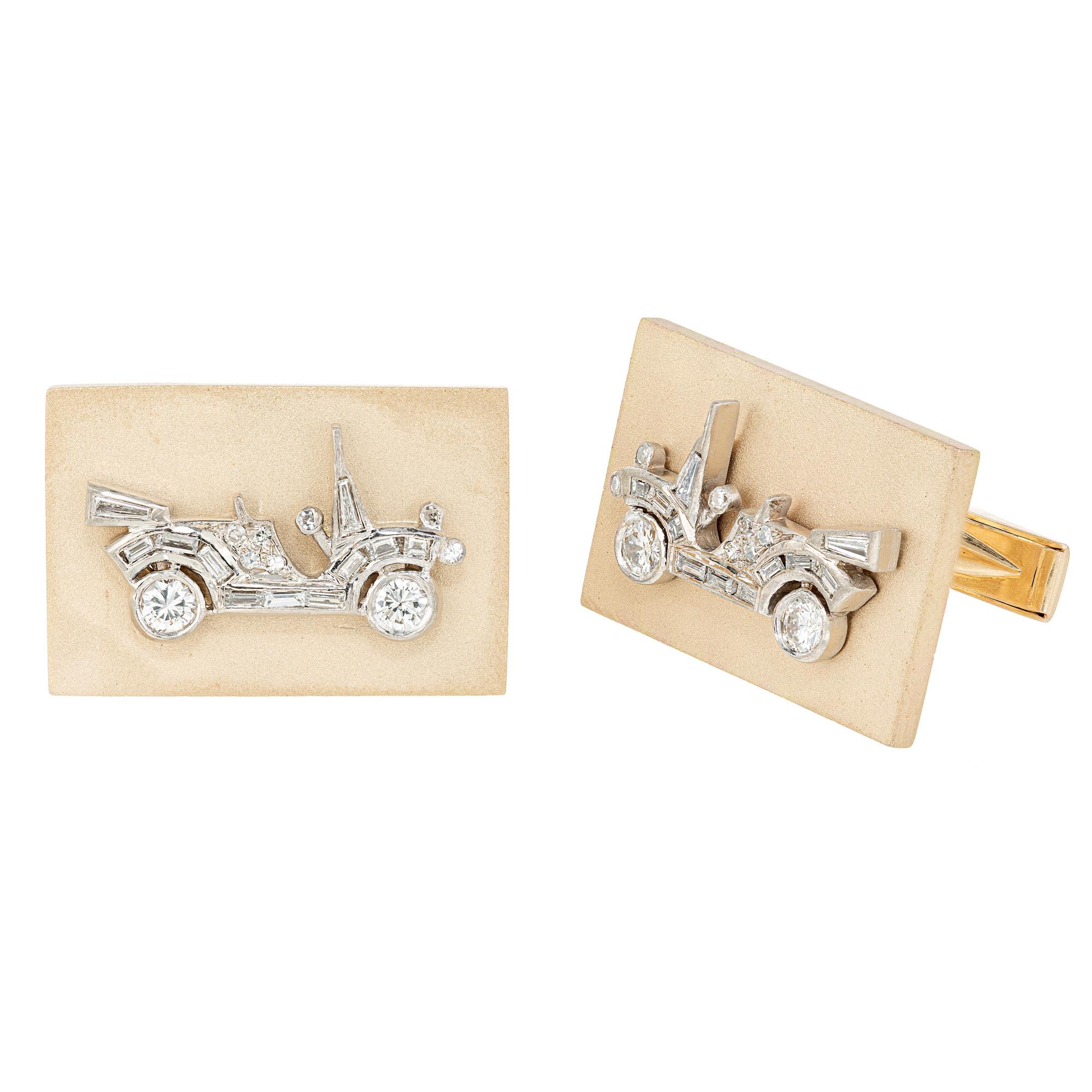 Wonderfully crafted 1960's .82 carat diamond automobile 14k yellow and white gold cufflinks from New York jewelry manufacturer Hammerman Brothers. These cufflinks feature a variety of different shaped diamonds including round brilliant cut, single