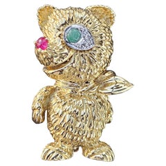 Alfiler Broche Oso Hammerman Brothers Oro Amarillo 18k Platino Rubí Esmeralda Diamante