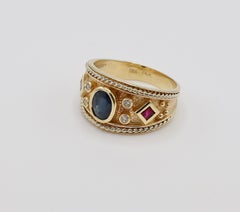 Hammerman Brothers Blue Sapphire Diamond and Ruby 14 Karat Yellow Gold Band Ring