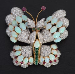 Hammerman Brothers Butterfly Brooch of Diamonds, Opals, Emeralds and Rubies