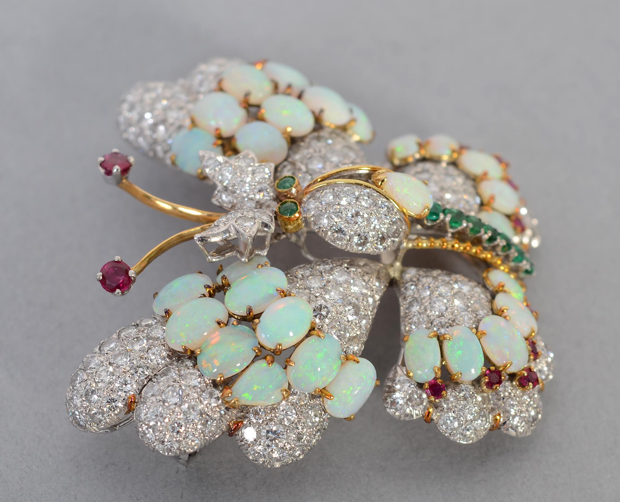 Hammerman Brothers Butterfly Brooch of Diamonds, Opals, Emeralds and Rubies In Excellent Condition In Darnestown, MD
