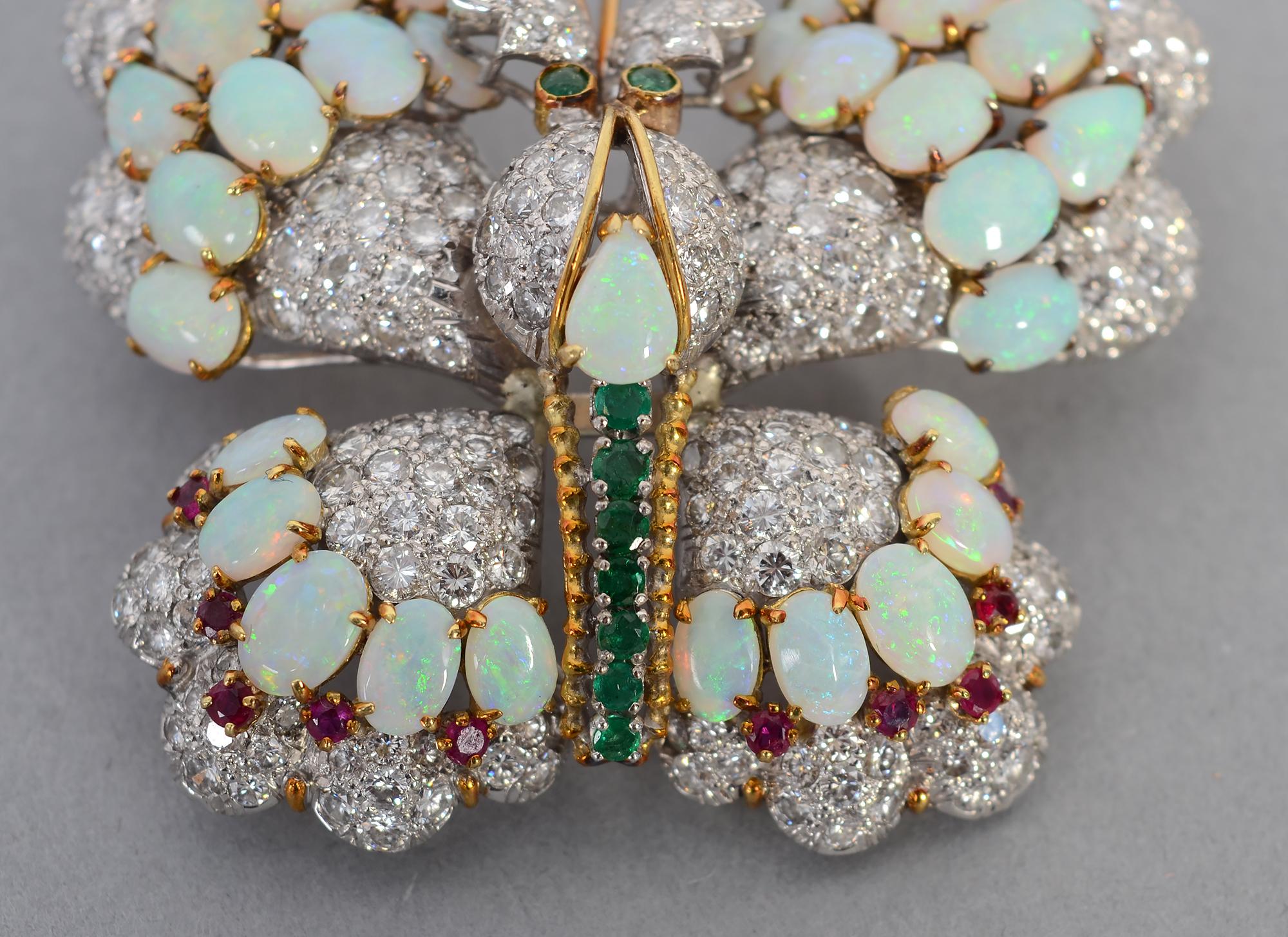 Women's or Men's Hammerman Brothers Butterfly Brooch of Diamonds, Opals, Emeralds and Rubies