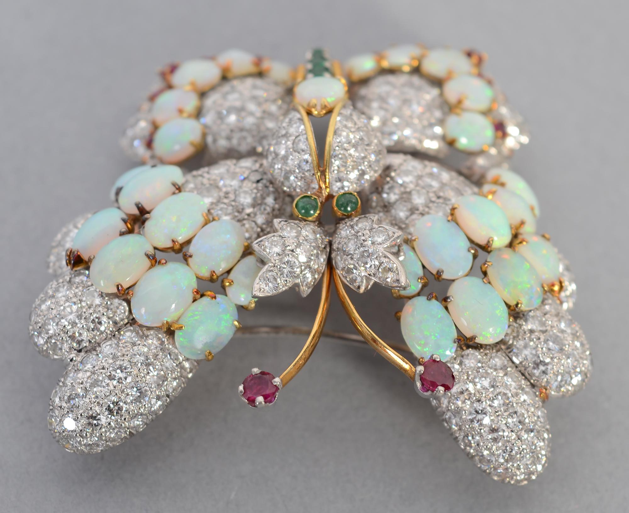 Hammerman Brothers Butterfly Brooch of Diamonds, Opals, Emeralds and Rubies 1