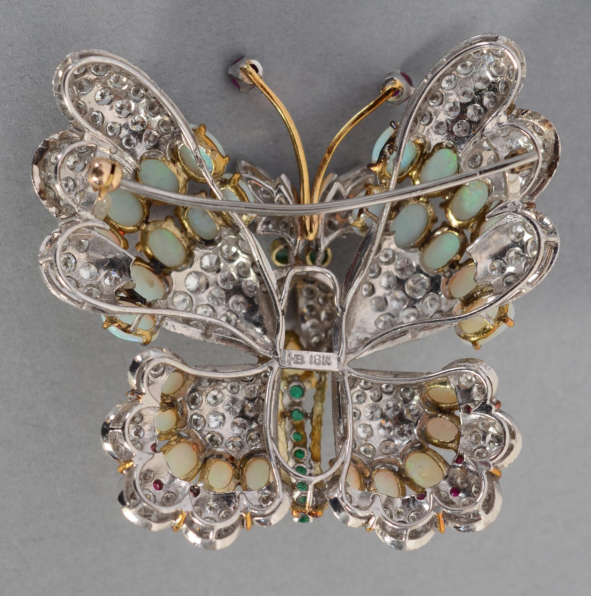 Hammerman Brothers Butterfly Brooch of Diamonds, Opals, Emeralds and Rubies 2
