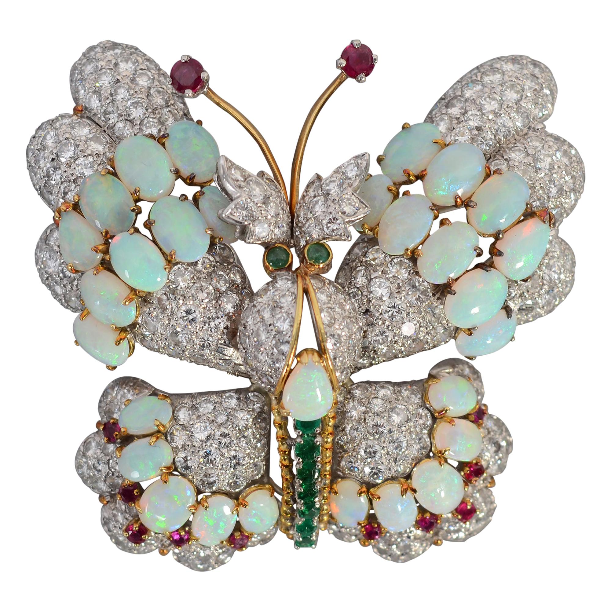 Hammerman Brothers Butterfly Brooch of Diamonds, Opals, Emeralds and Rubies