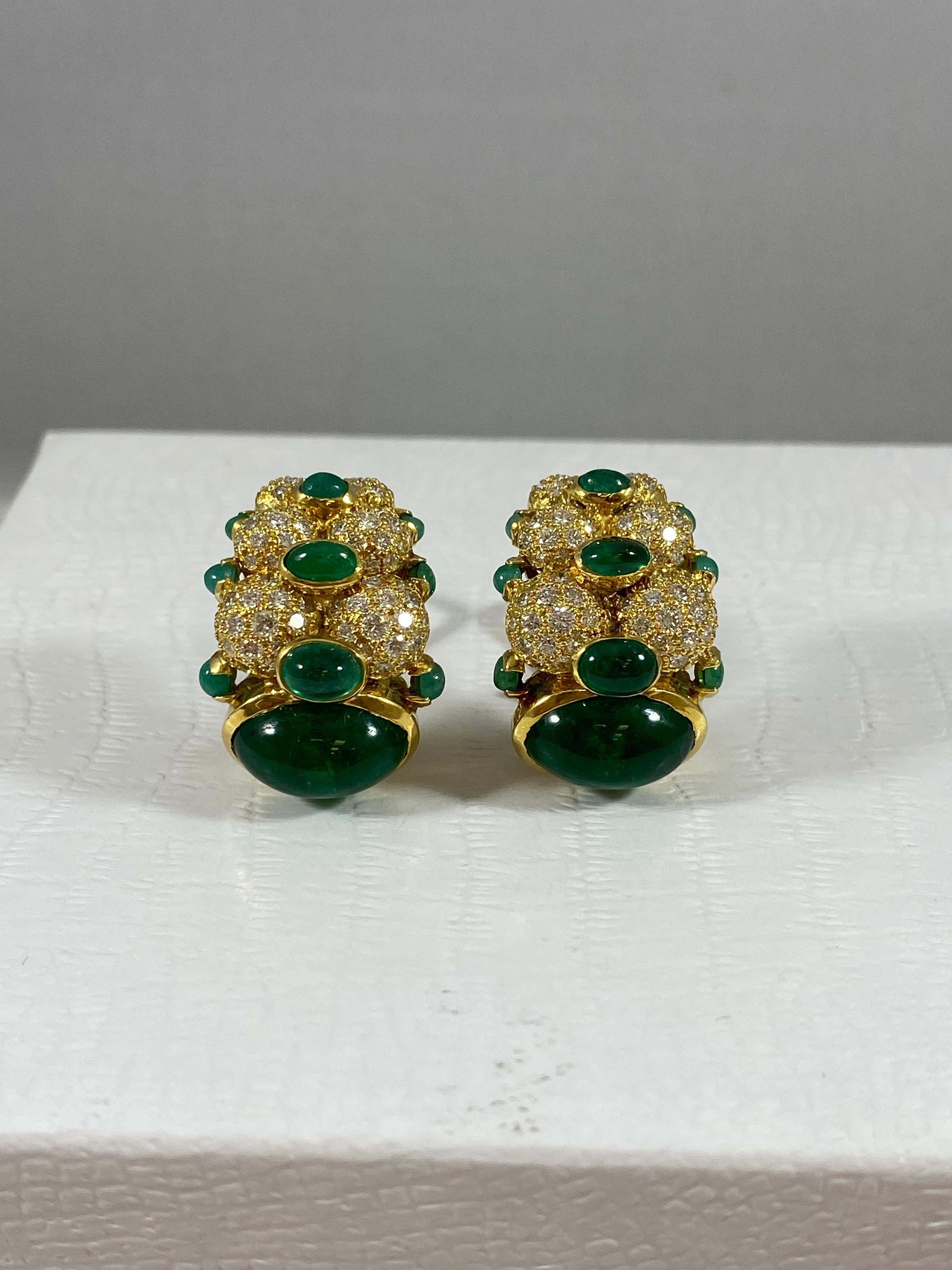 Hammerman Brothers Cabochon Emerald and Diamond Earrings In New Condition For Sale In New York, NY
