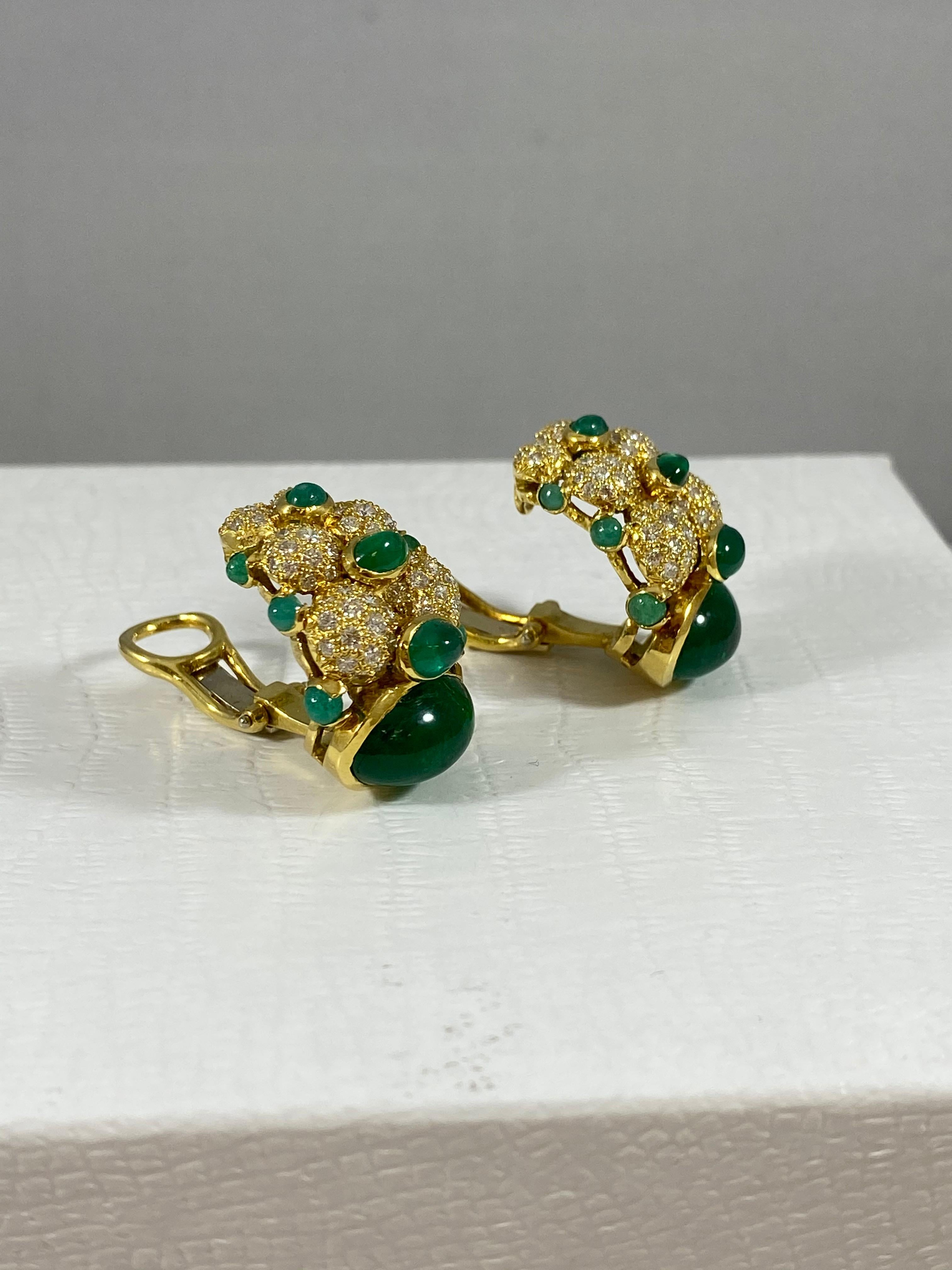 Women's or Men's Hammerman Brothers Cabochon Emerald and Diamond Earrings For Sale