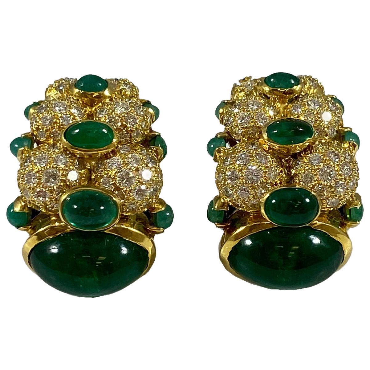 Hammerman Brothers Cabochon Emerald and Diamond Earrings For Sale