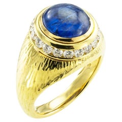 Vintage Hammerman Brothers Cabochon Sapphire Diamond Yellow Gold Ring