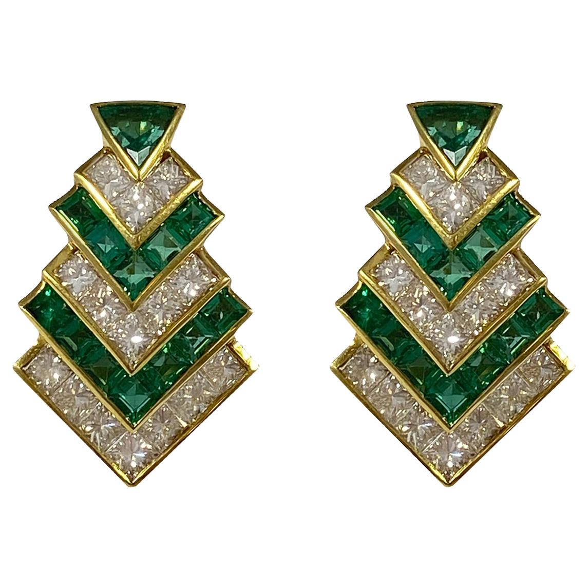 Hammerman Brothers Chevron Emerald and Diamond Earrings For Sale