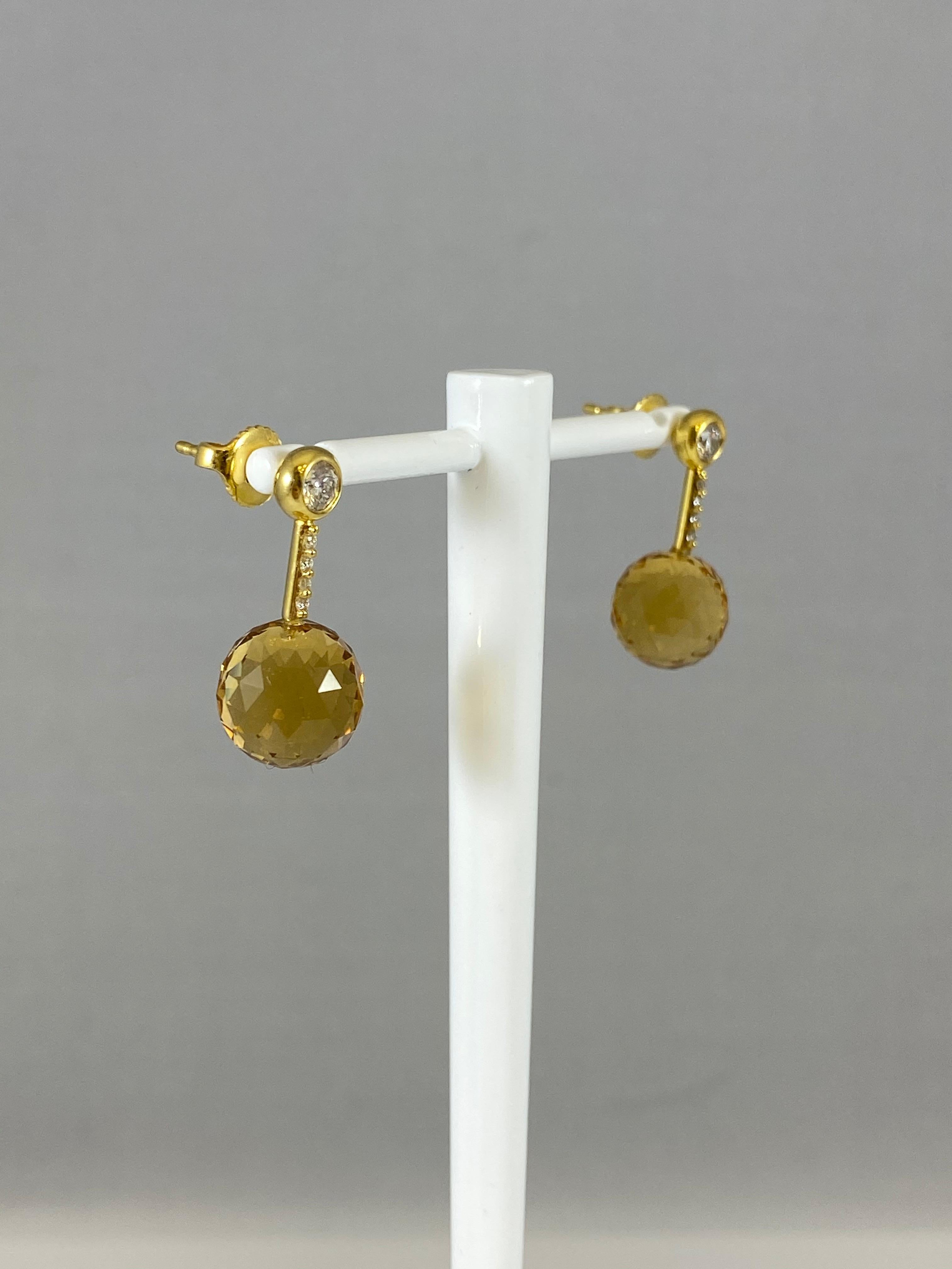 Hammerman Jewels 18 Karat Yellow Gold Diamond and Citrine Drop Earrings. 2 citrines for 15.67 carats, 10 diamonds for 0.37 carats.