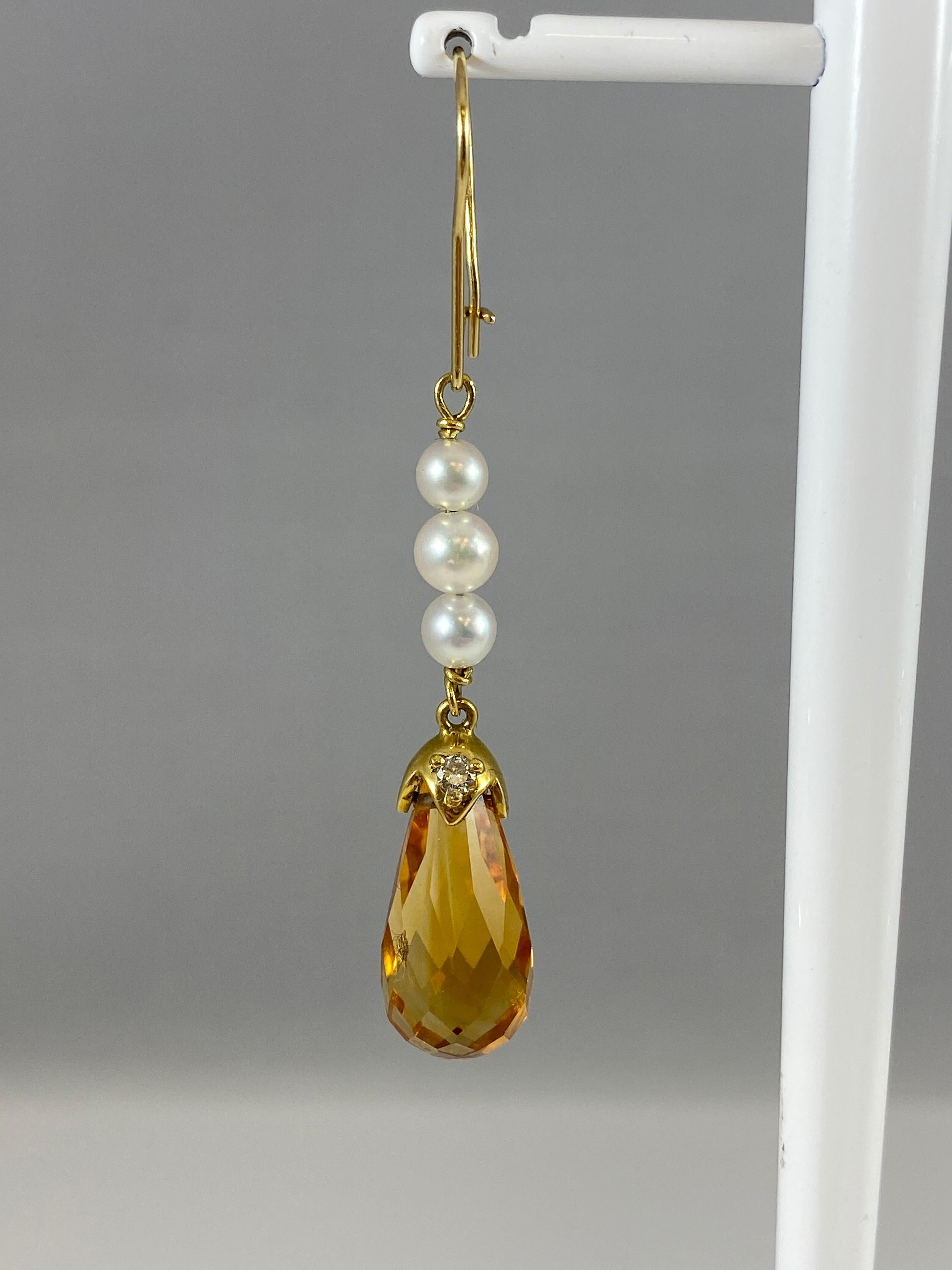 Hammerman Jewels 18 Karat Yellow Gold Citrine, Pearl, and Diamond Dangle Earrings. 0.09 carats of diamonds, two briolette citrine, and 6 pearls. 