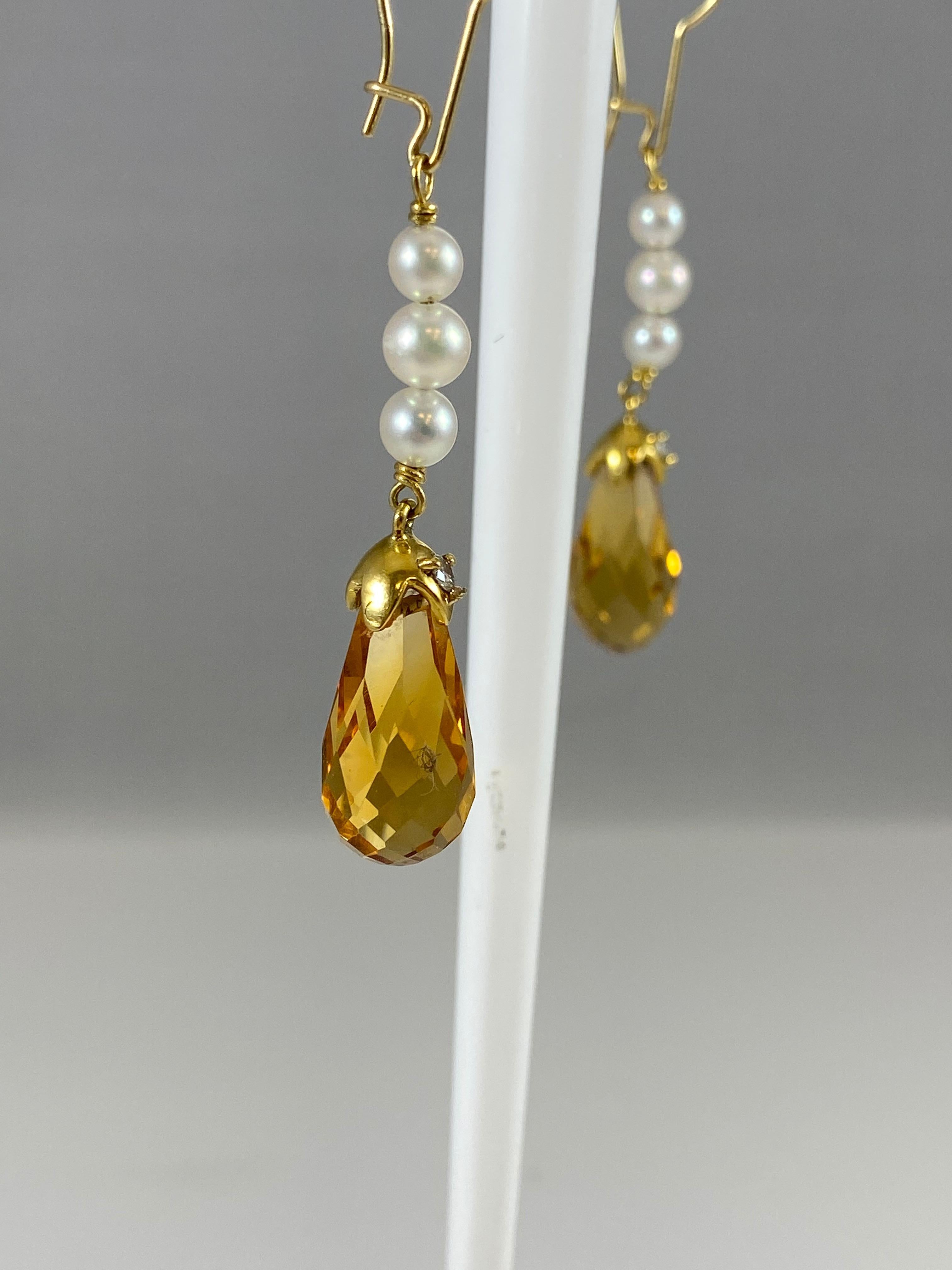 Briolette Cut Hammerman Brothers Citrine, Pearl, and Diamond Dangle Earrings For Sale
