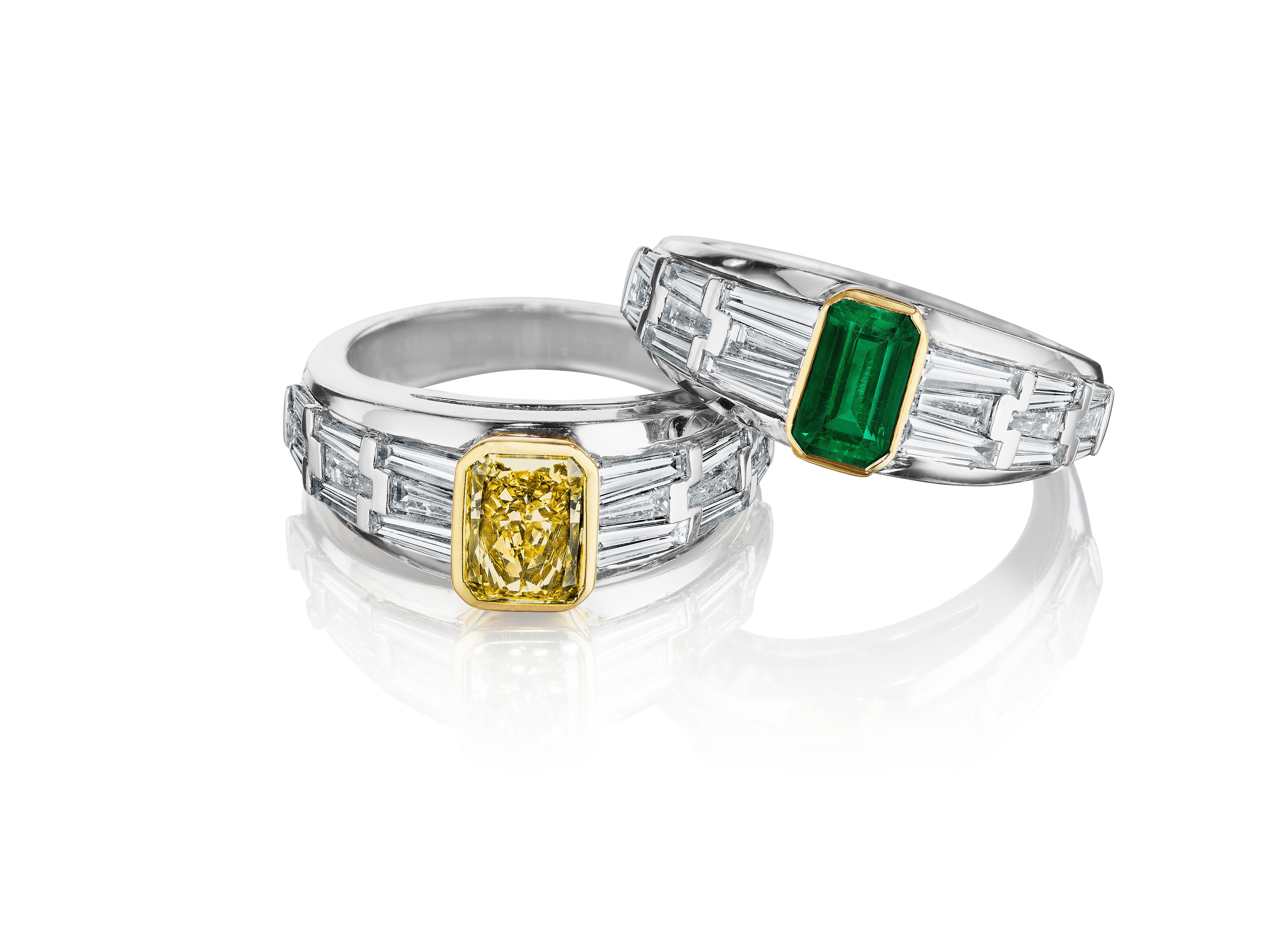 Emerald Cut Hammerman Brothers Deco Inspired Emerald and Diamond Ring For Sale