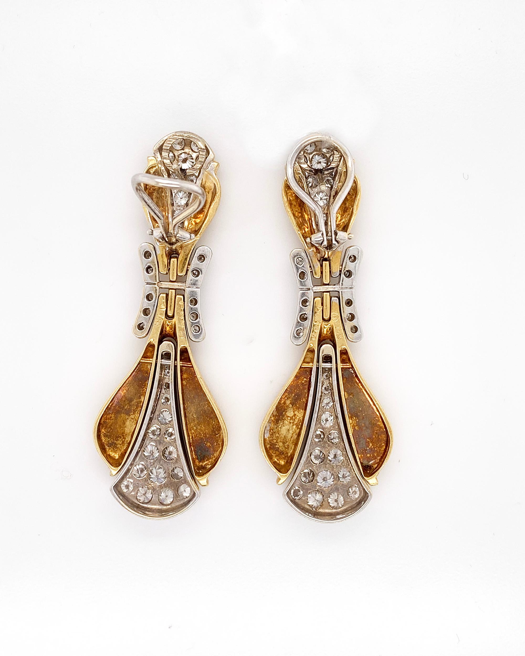 Round Cut Hammerman Brothers Diamond 18 Karat Two-Tone Gold Earrings