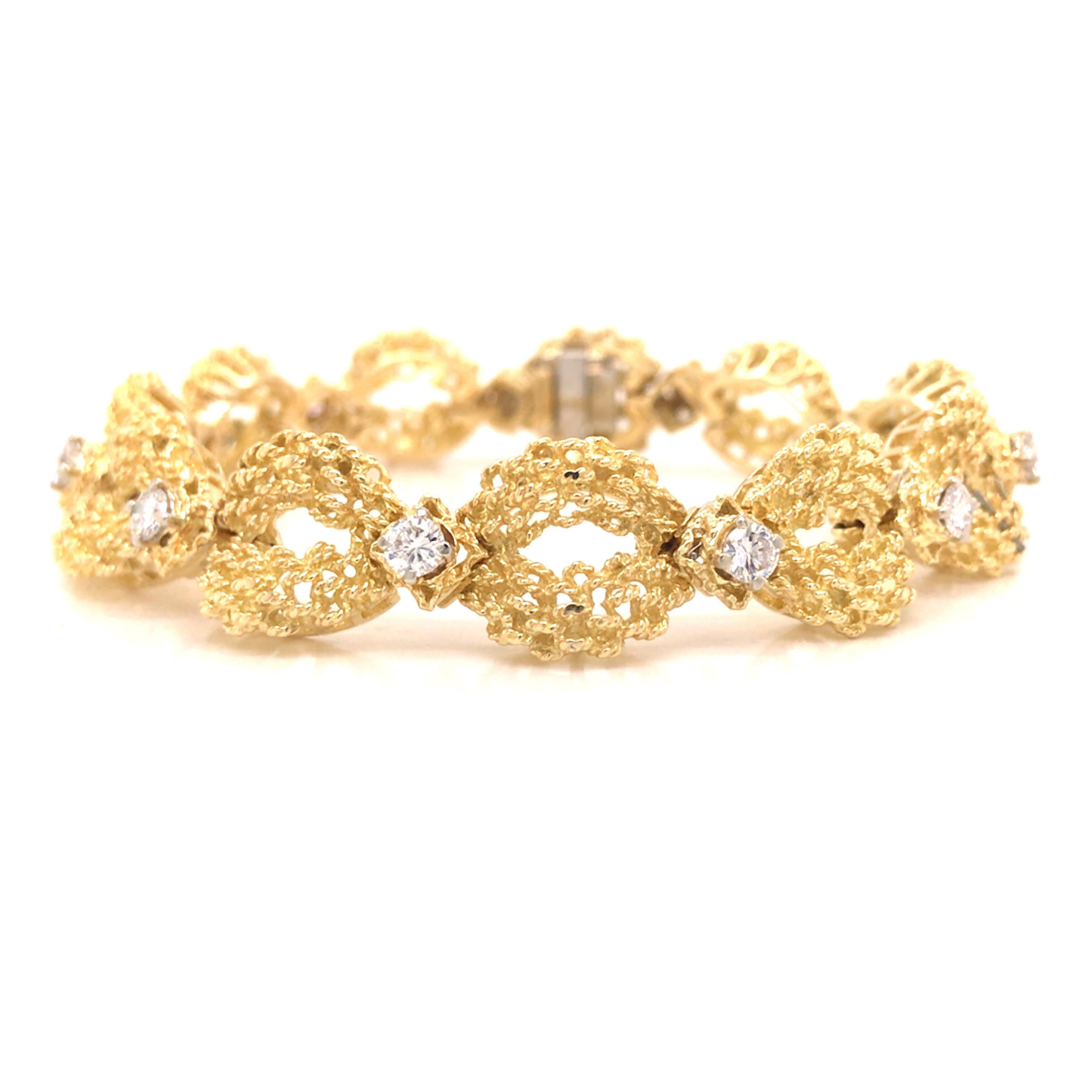 Hammerman Brothers Diamond Woven Link Bracelet in 18K Yellow Gold.  (11) Round Brilliant Cut Diamonds weighing 1.65 carat total weight, G-H in color and VS-SI in clarity are expertly set.  The Bracelet measures 7 inch in length and 1/2 inch in