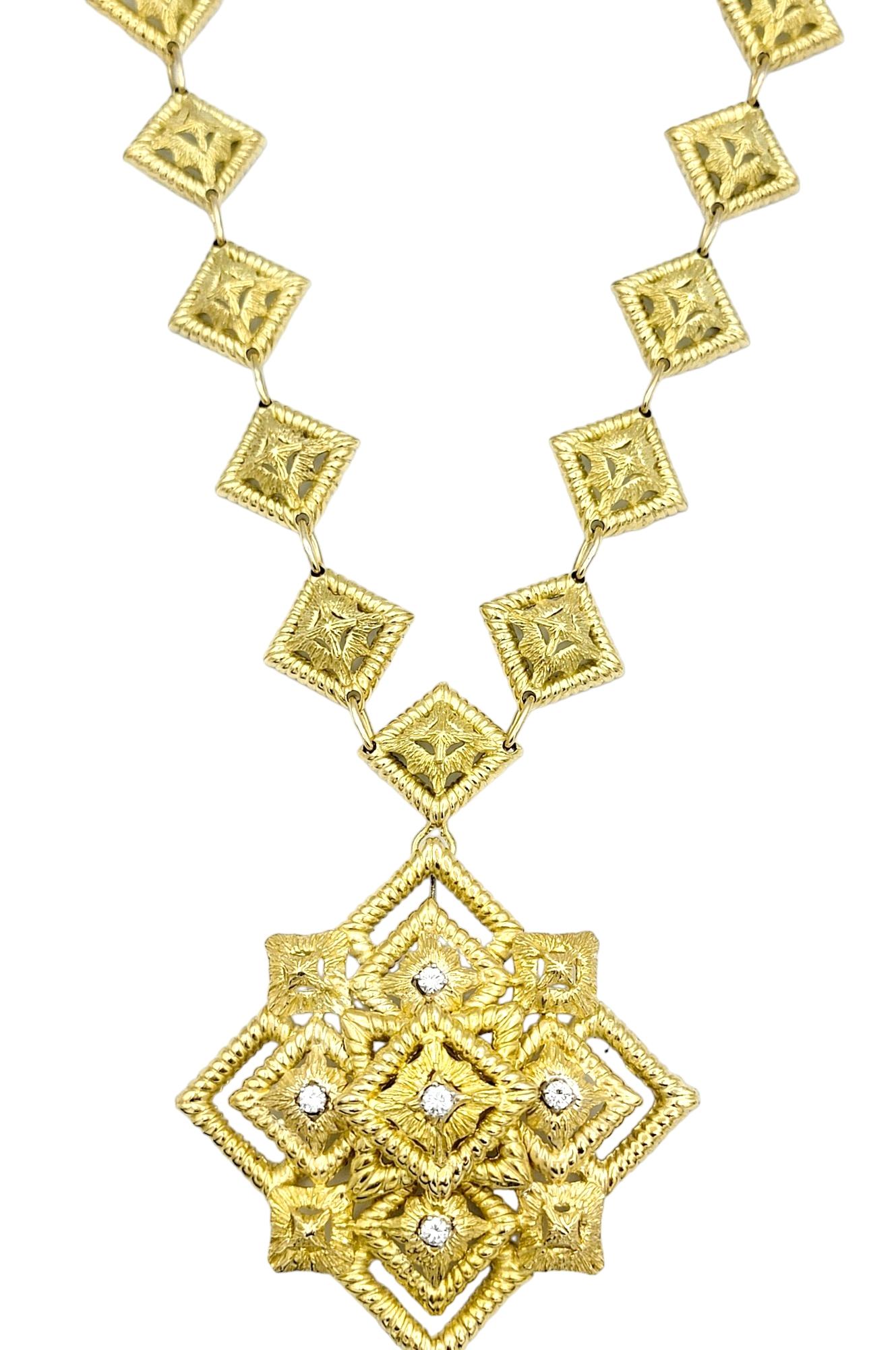 This commanding Hammerman Brothers 18-karat yellow gold necklace is an opulent statement piece that exudes magnificence and sophistication. The focal point of this extraordinary pendant necklace is a large, intricately detailed square pendant that