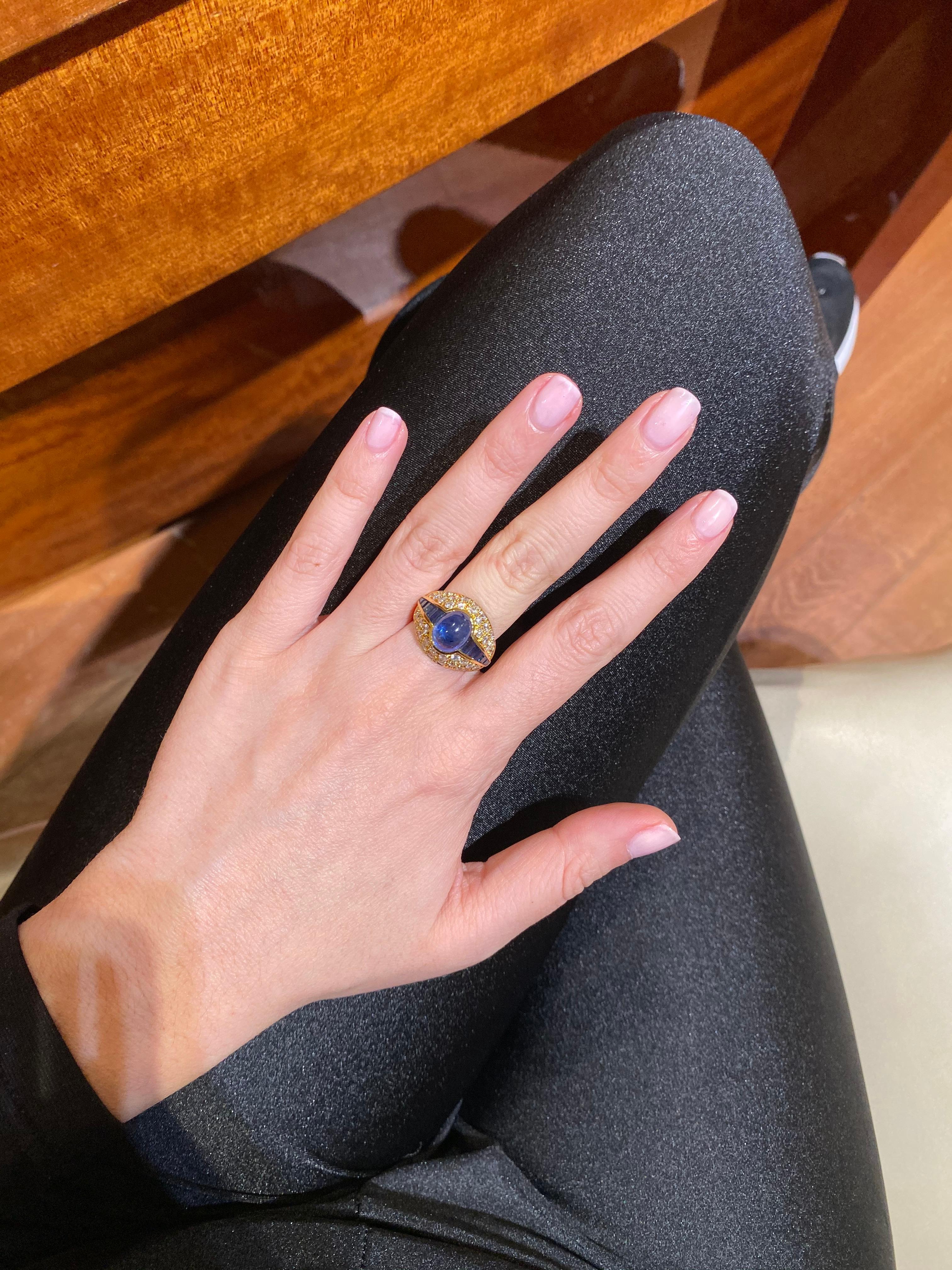 Hammerman Jewels 18k Yellow Gold Sapphire and Diamond Ring with cabochon sapphire and custom square cut sapphires. 3 carats of diamonds and 6 carats of sapphires. Size 7.