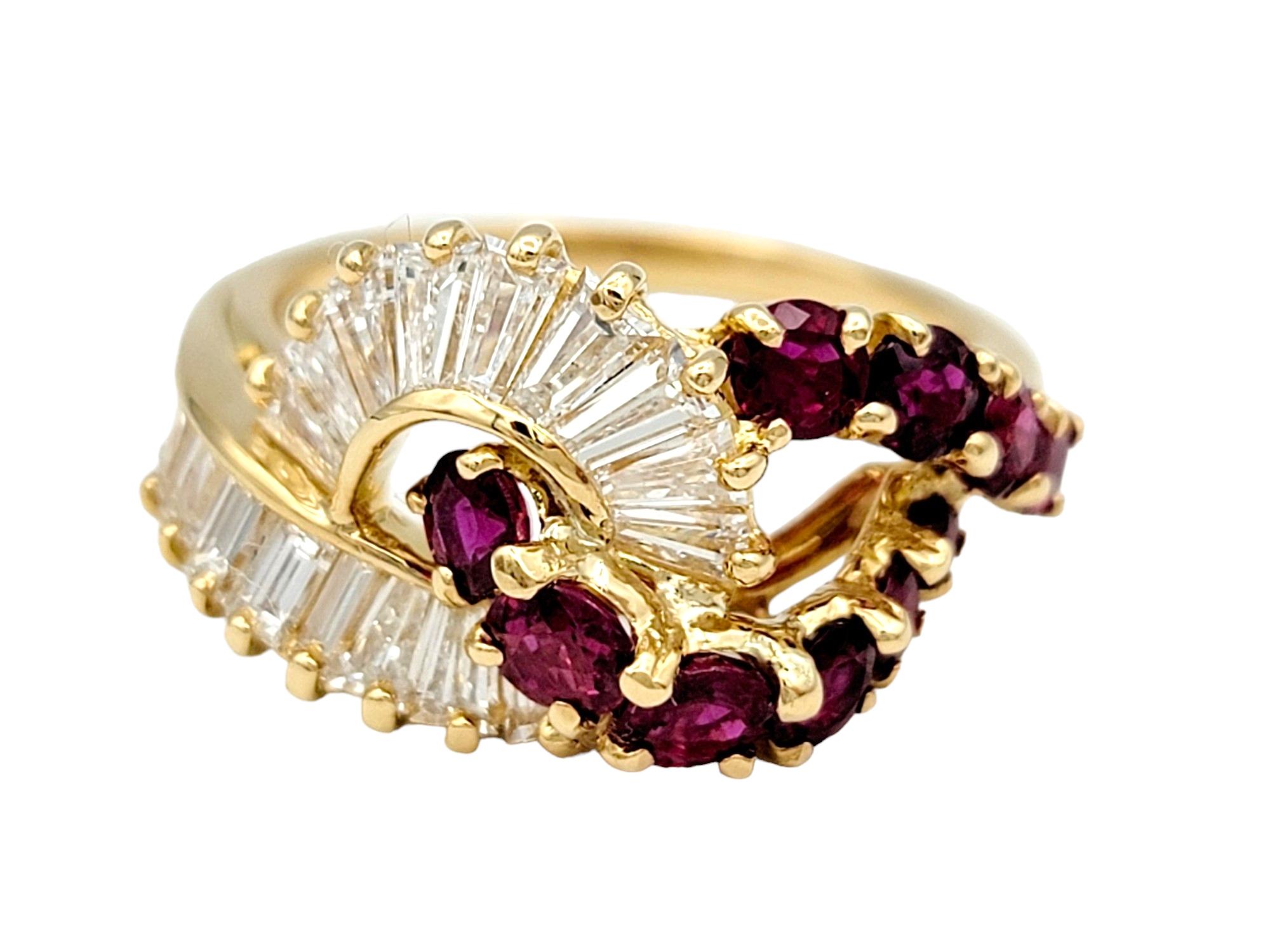Ring Size: 7

This Hammerman Brothers diamond and ruby band ring, set in luxurious 18 karat yellow gold, is a striking and sophisticated piece of jewelry. The ring features alternating baguette-cut diamonds and round-cut rubies, meticulously set in