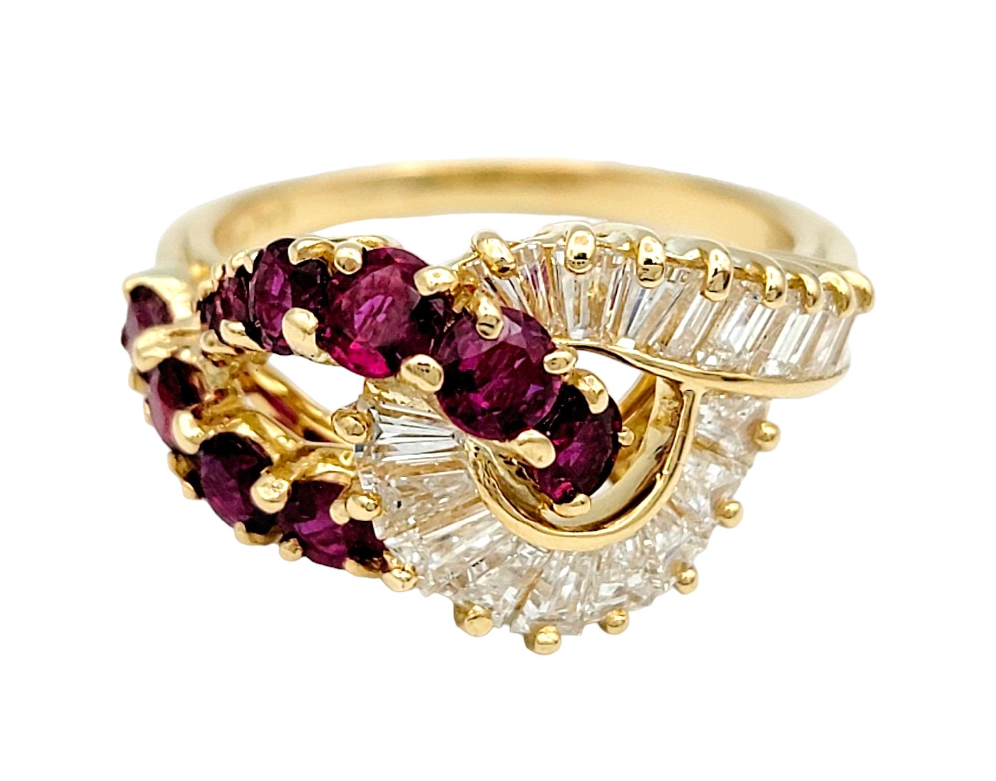 Baguette Cut Hammerman Brothers Diamond and Ruby Infinity Style Ring in 18 Karat Yellow Gold For Sale