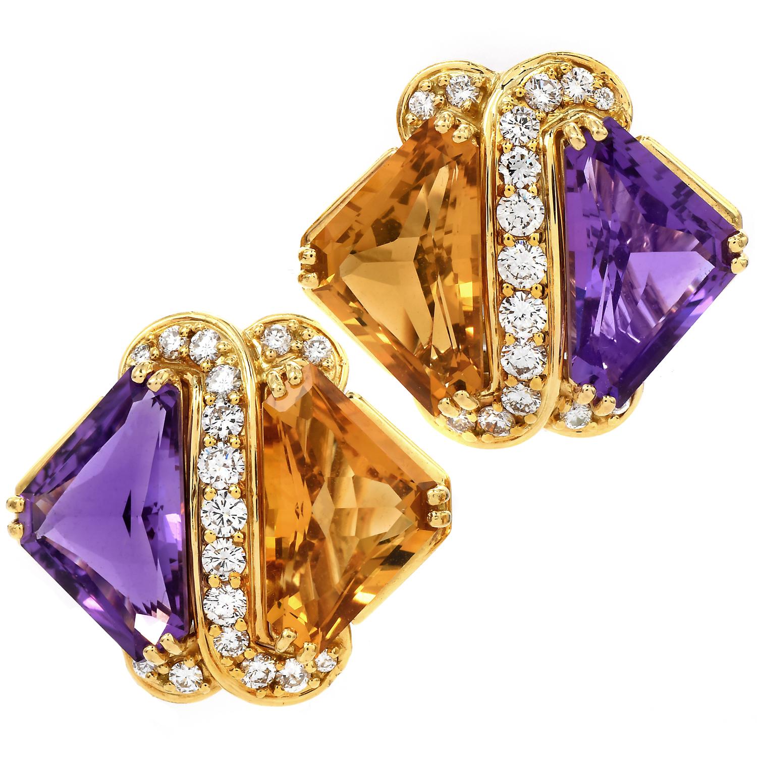 This Classy early 1980s- late mid Century earrings are made by famous American jewelry designer, Hammerman Brothers.

They are Crafted of 18K yellow gold, topped with pair of triangular cut deep purple amethyst and a pair of triangular deep golden