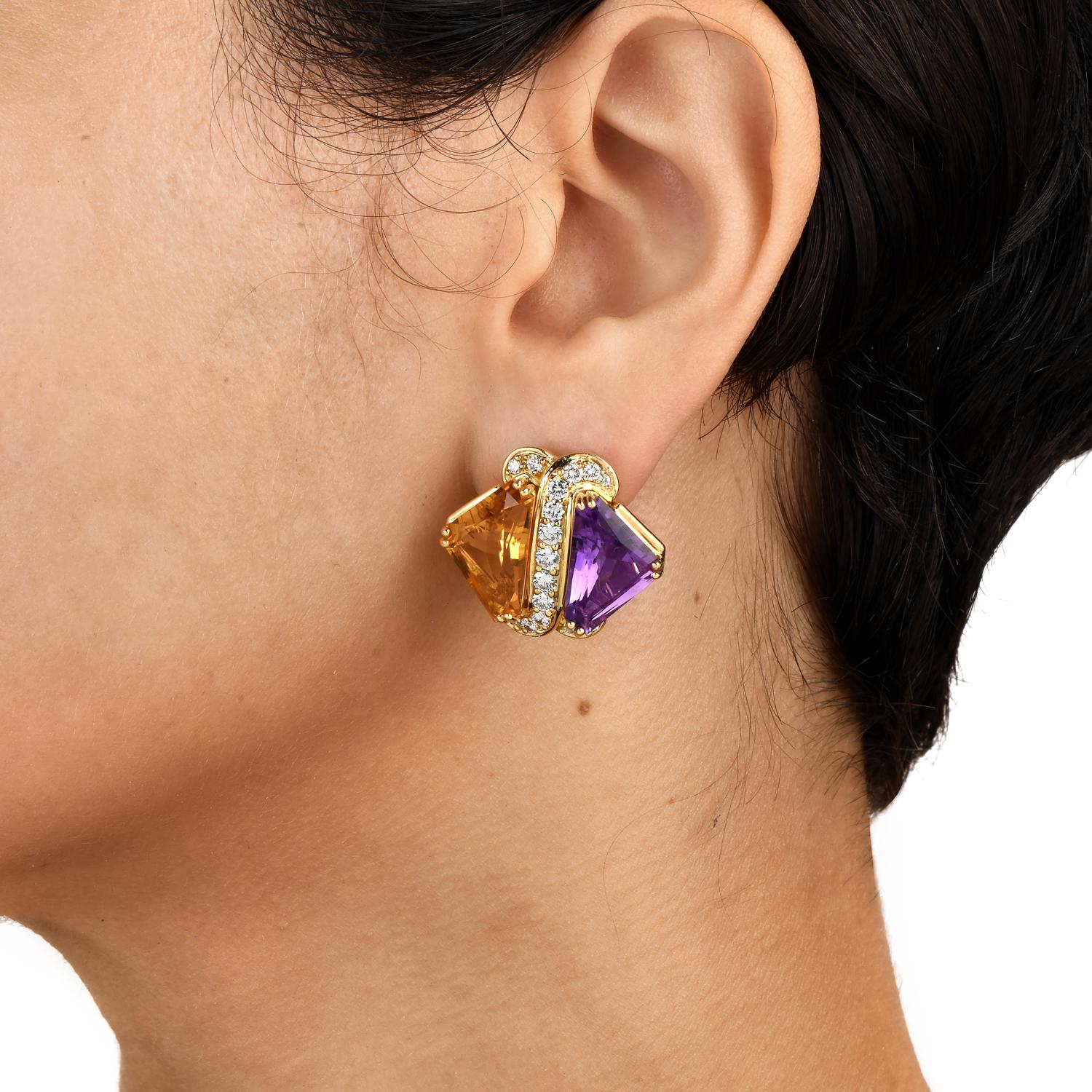 Modern Hammerman Brothers Diamond Citrine Amethyst Gold Crossover Clip-On Earrings For Sale