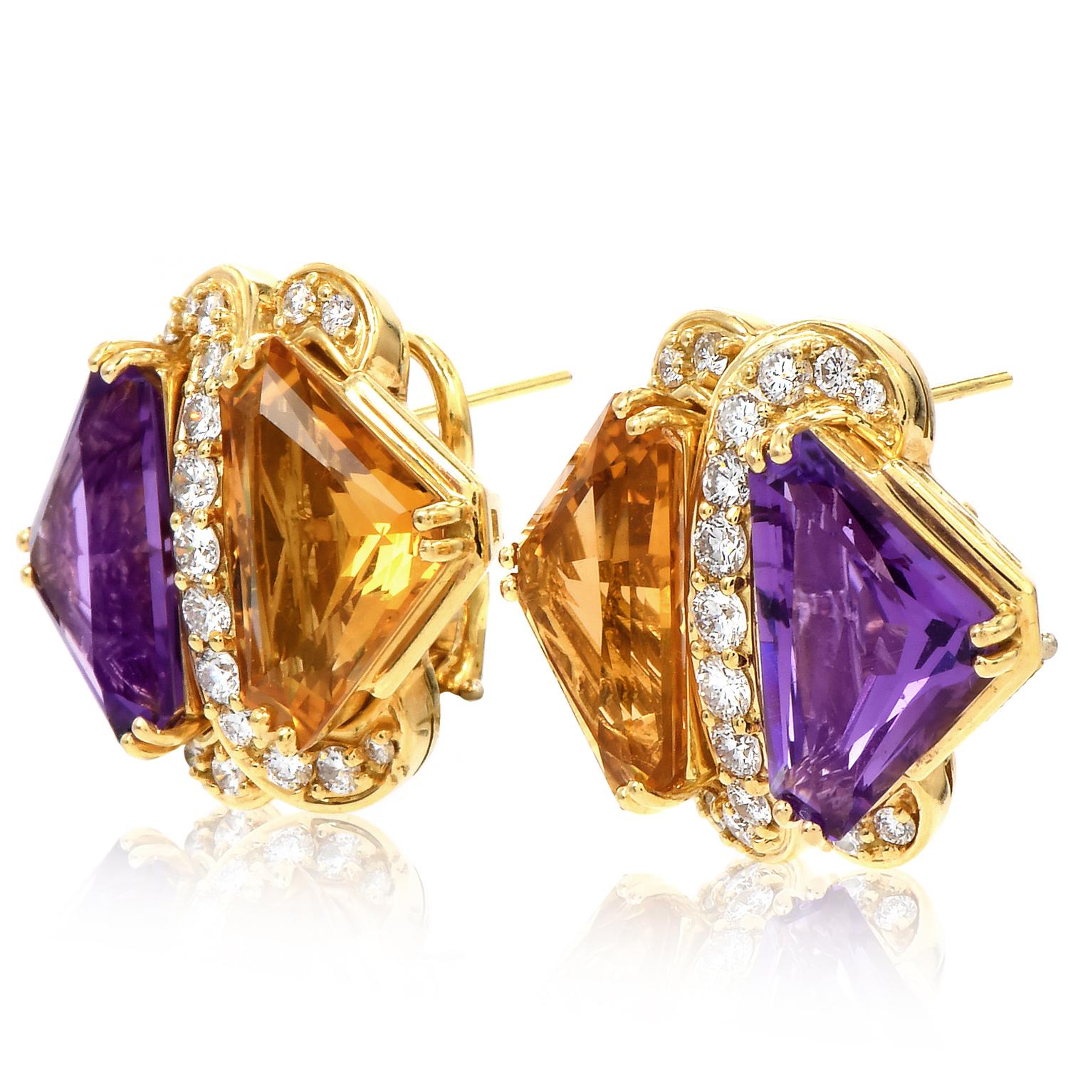 Mixed Cut Hammerman Brothers Diamond Citrine Amethyst Gold Crossover Clip-On Earrings For Sale